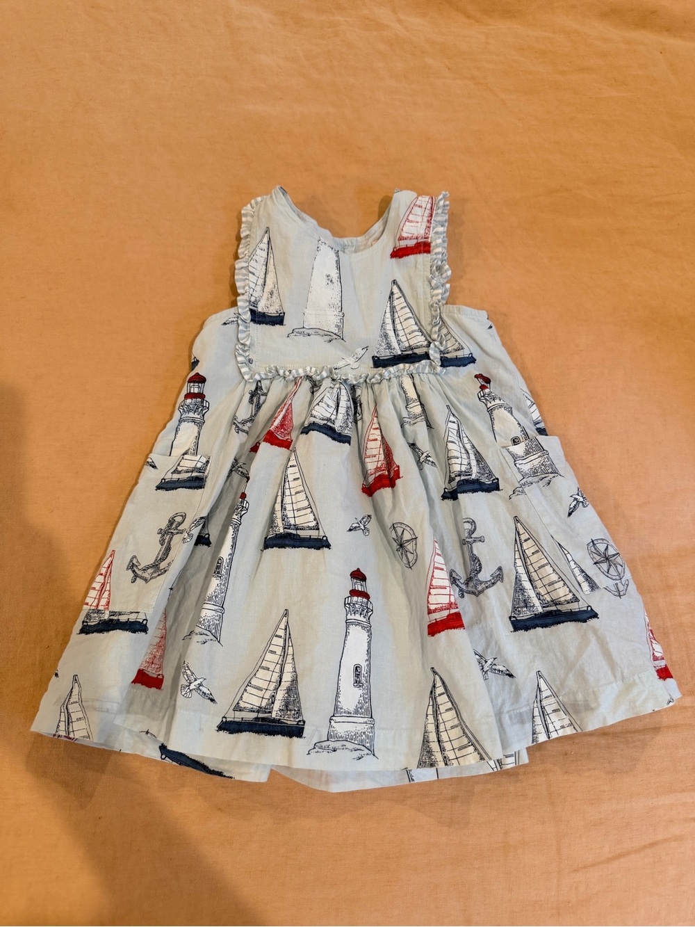 Pink Chicken Sailboat & Lighthouse Cotton Dress - Light Blue, Red, Navy